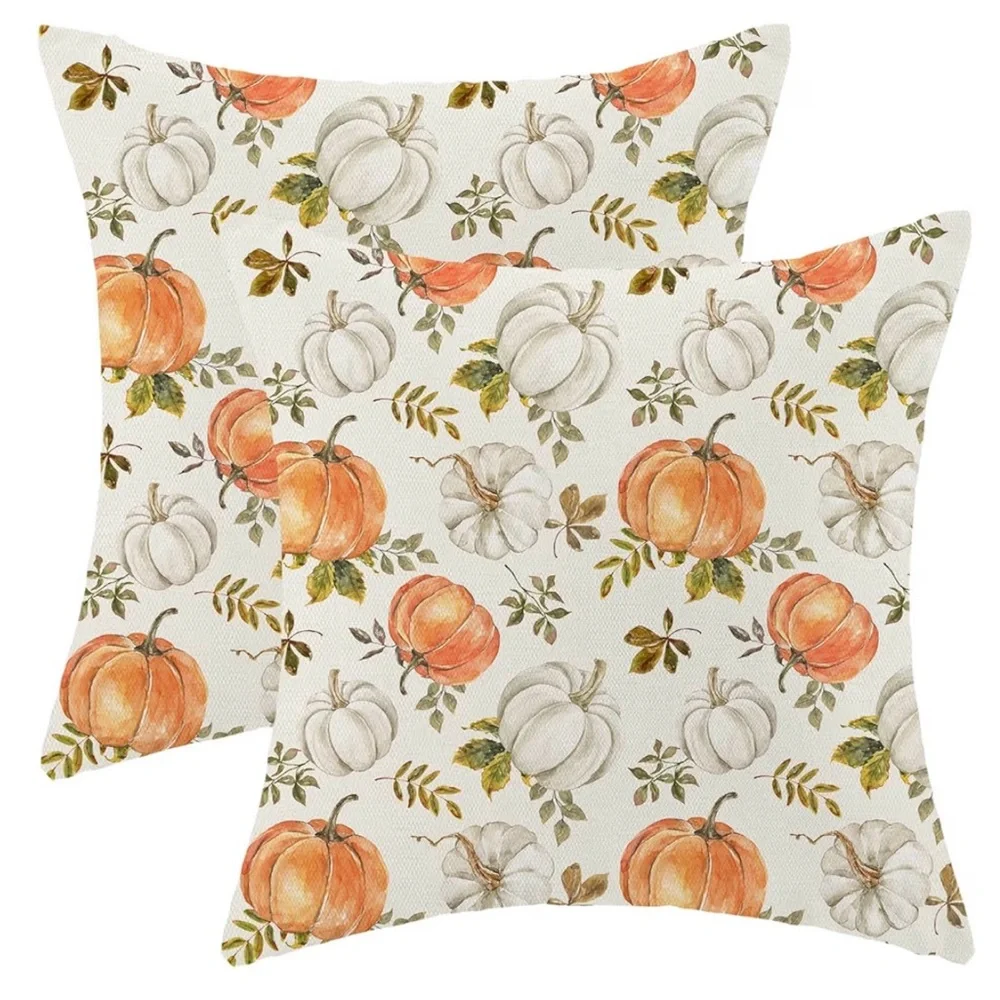 Fall Pumpkin Pillow Covers Set of 2 16x16 Linen Autumn Harvest NWOT